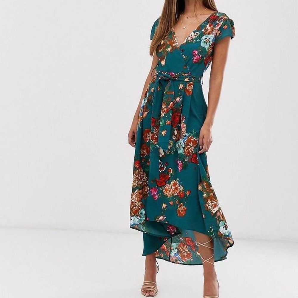 AX Paris Teal Floral Short Sleeve Belted Wrap Midi Dress from ASOS